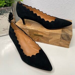 J.Crew Black Suede Scalloped Pointed Kitten‎ Heels Pumps Shoes Women's Size 6
